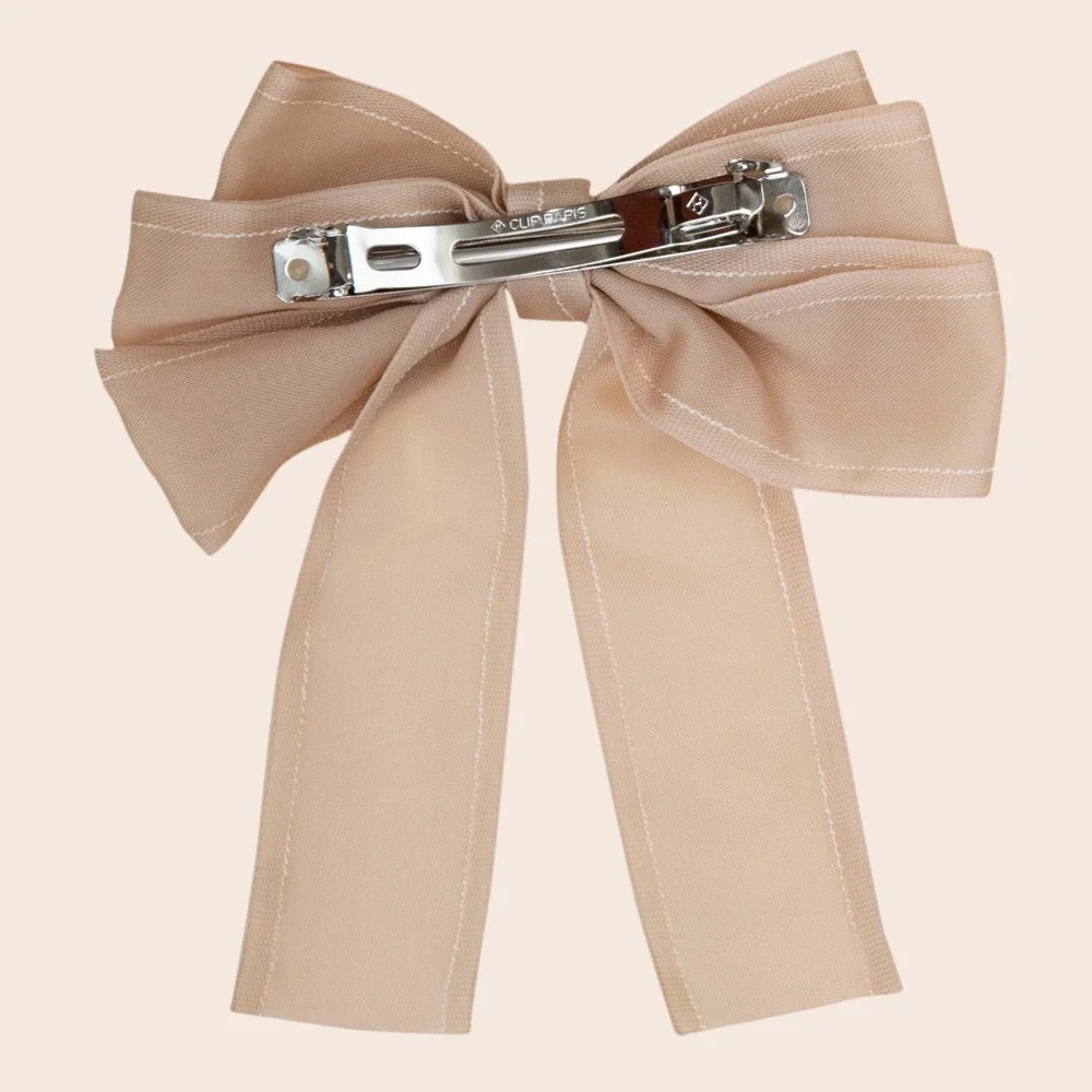 Kids Oversized Sheer Mesh Hair Bow Barrette Beige Tan with Contrast Stitching